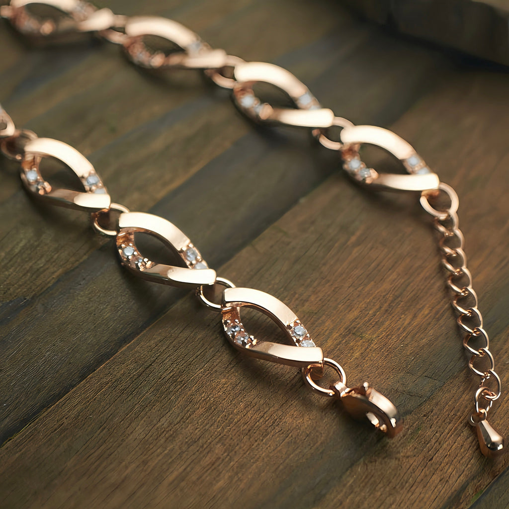 Elegant Rose Gold Twisted Infinity Bracelet • Dainty Geometric Crystal Link Chain for Women