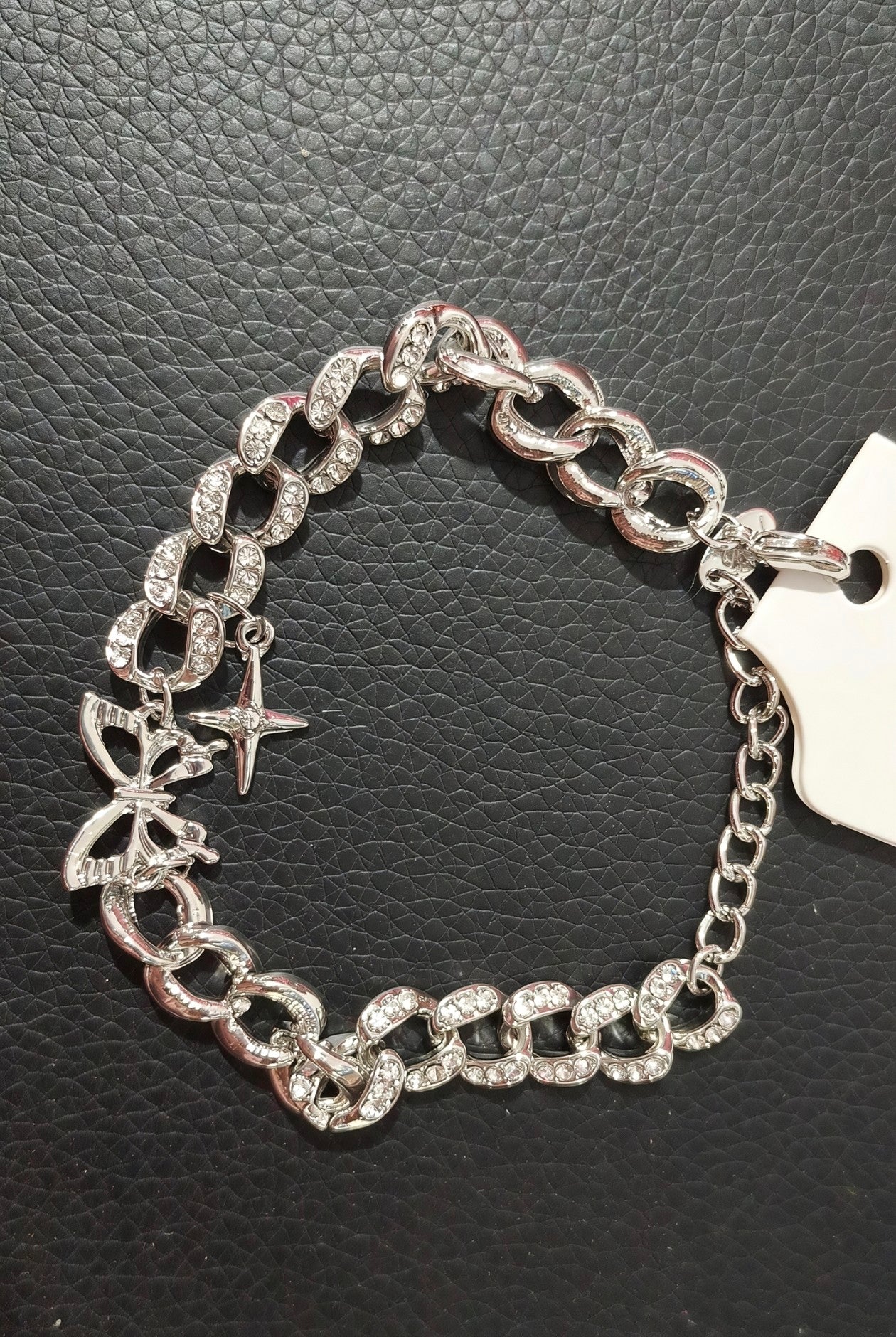 Y2K Iced Out Butterfly Star Charm Bracelet | Cyber Grunge Silver Cuban Link Chain⁠