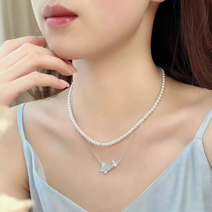 Dainty Blue Crystal Butterfly Necklace Bracelet Earrings | Fairycore Jewelry Set Gift⁠