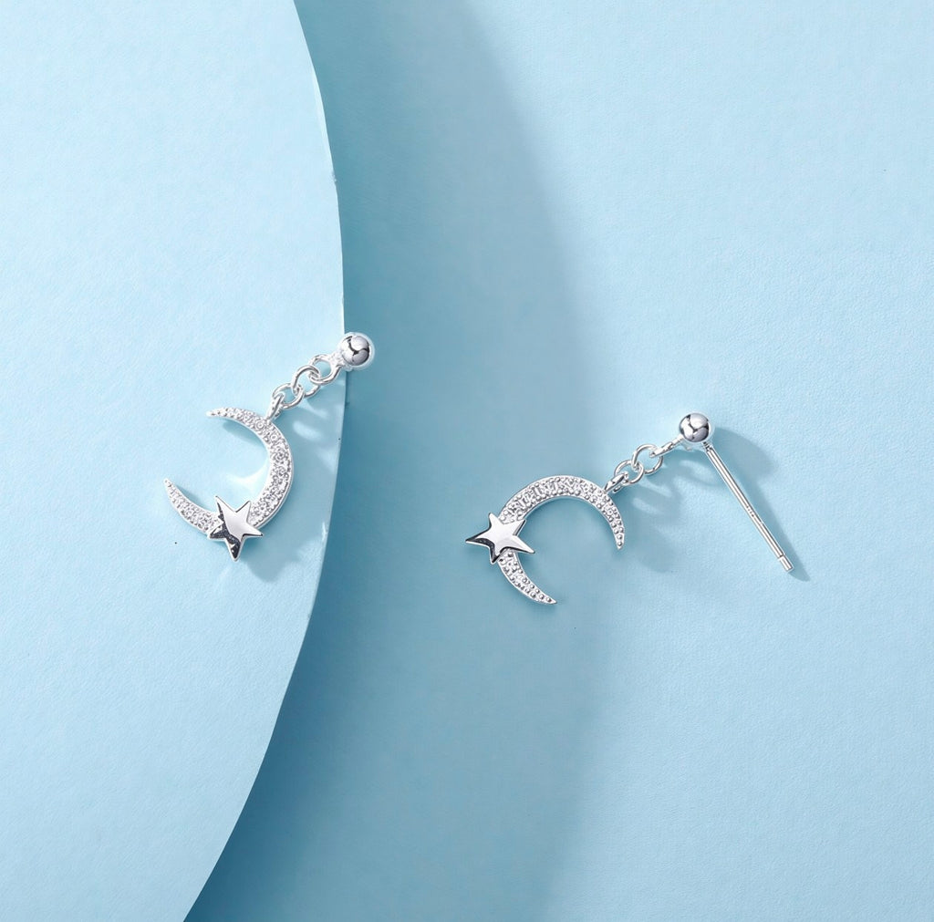 Dainty Silver Crescent Moon and Star Drop Earrings | Celestial Sparkle Studs