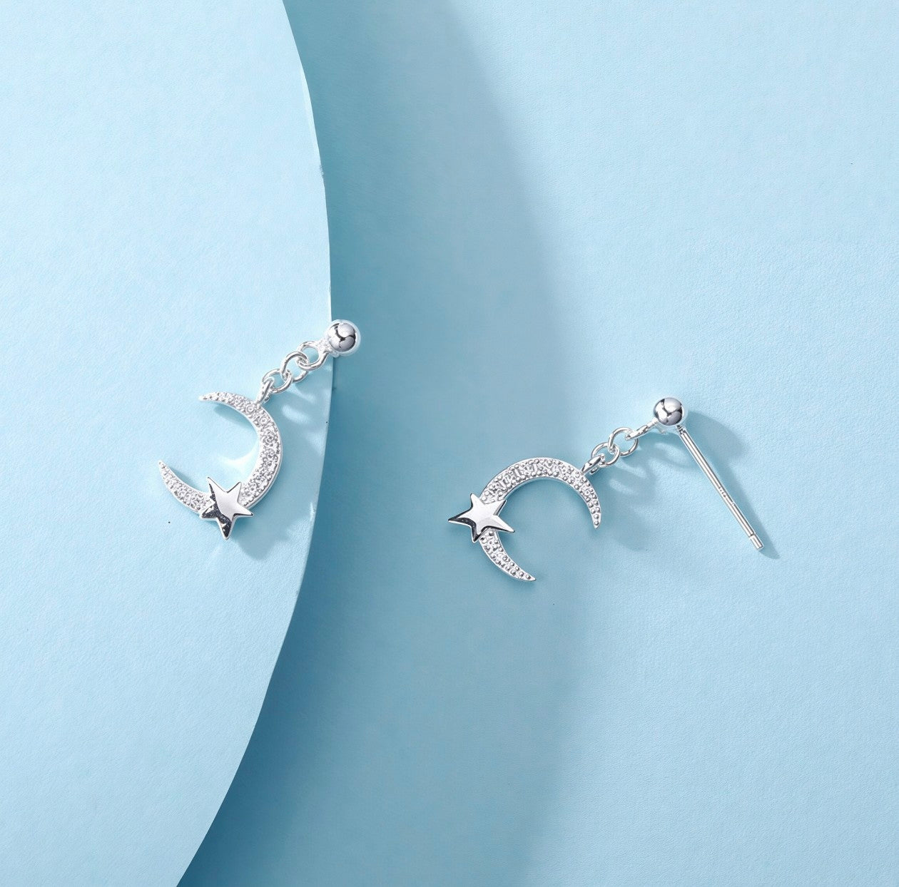 Dainty Silver Crescent Moon and Star Drop Earrings | Celestial Sparkle Studs