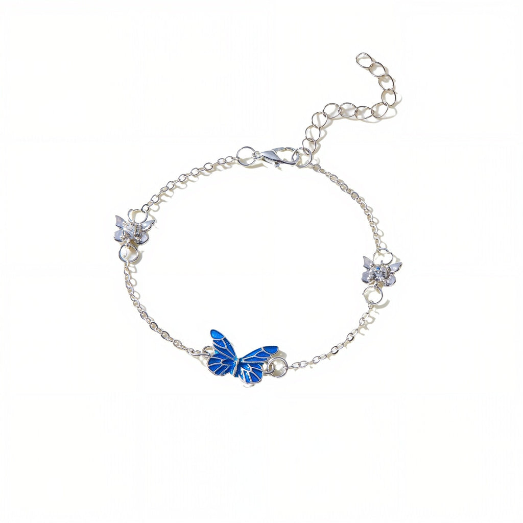 Dainty Blue Enamel Butterfly Charm Bracelet | Minimalist Silver Link Chain⁠