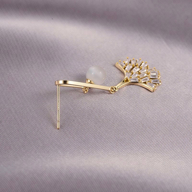 Gold Ginkgo Leaf Drop Earrings • Elegant Opal Statement Dainty Studs • Dangle Fan Ribbon Jewelry • Anniversary Gift for Her • Unique Wedding Earring