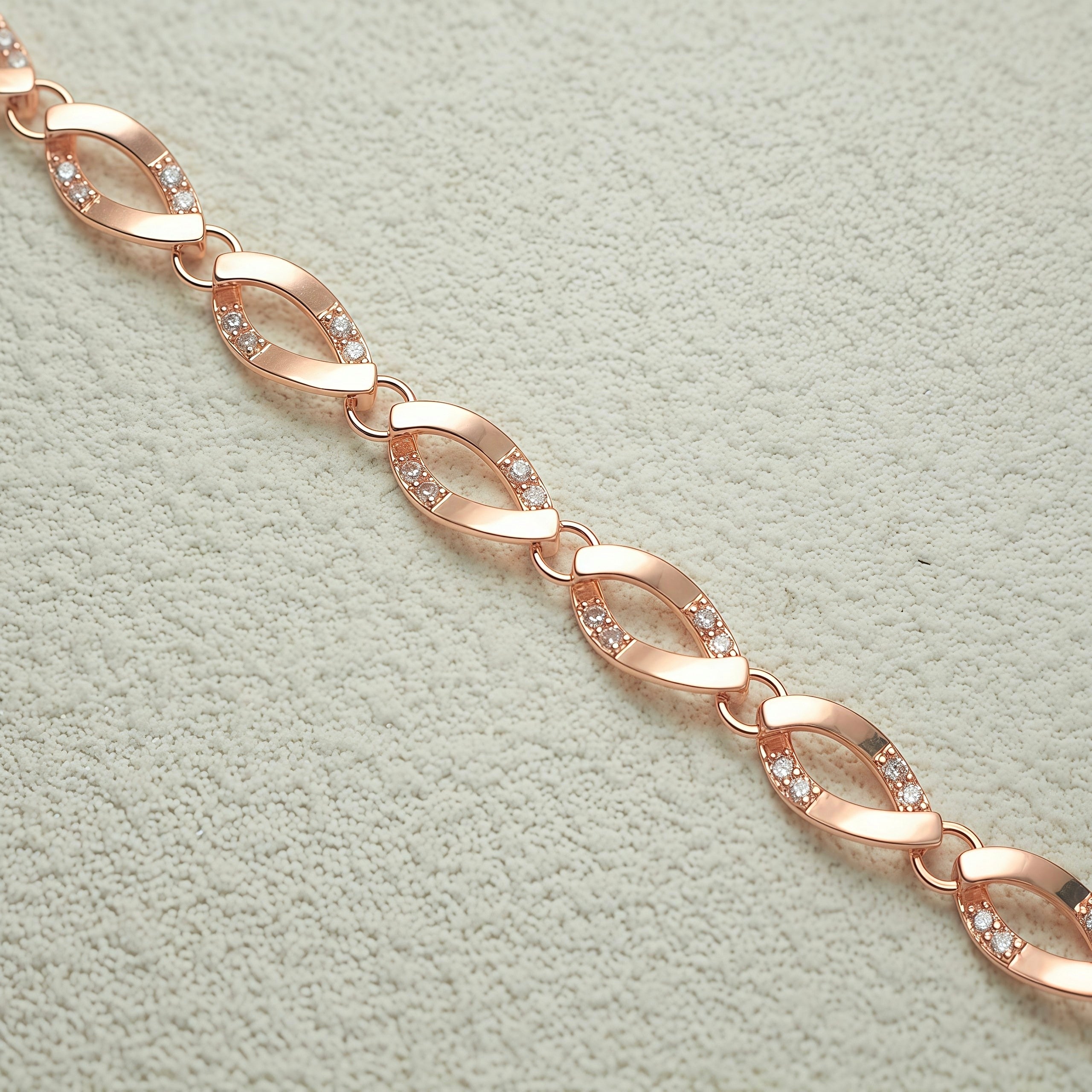 Elegant Rose Gold Twisted Infinity Bracelet • Dainty Geometric Crystal Link Chain for Women