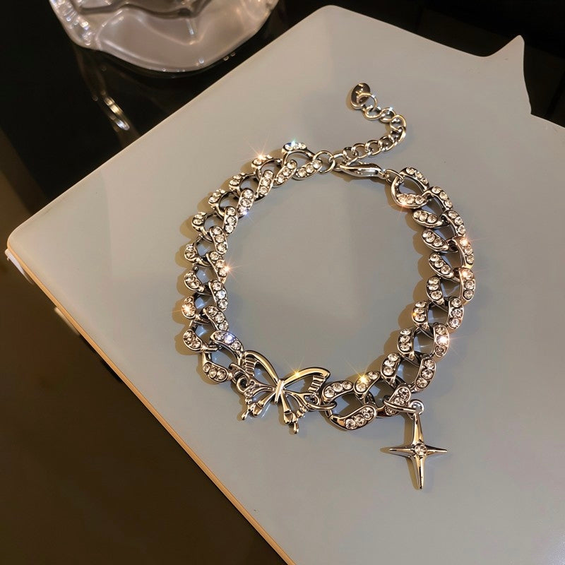 Y2K Iced Out Butterfly Star Charm Bracelet | Cyber Grunge Silver Cuban Link Chain⁠