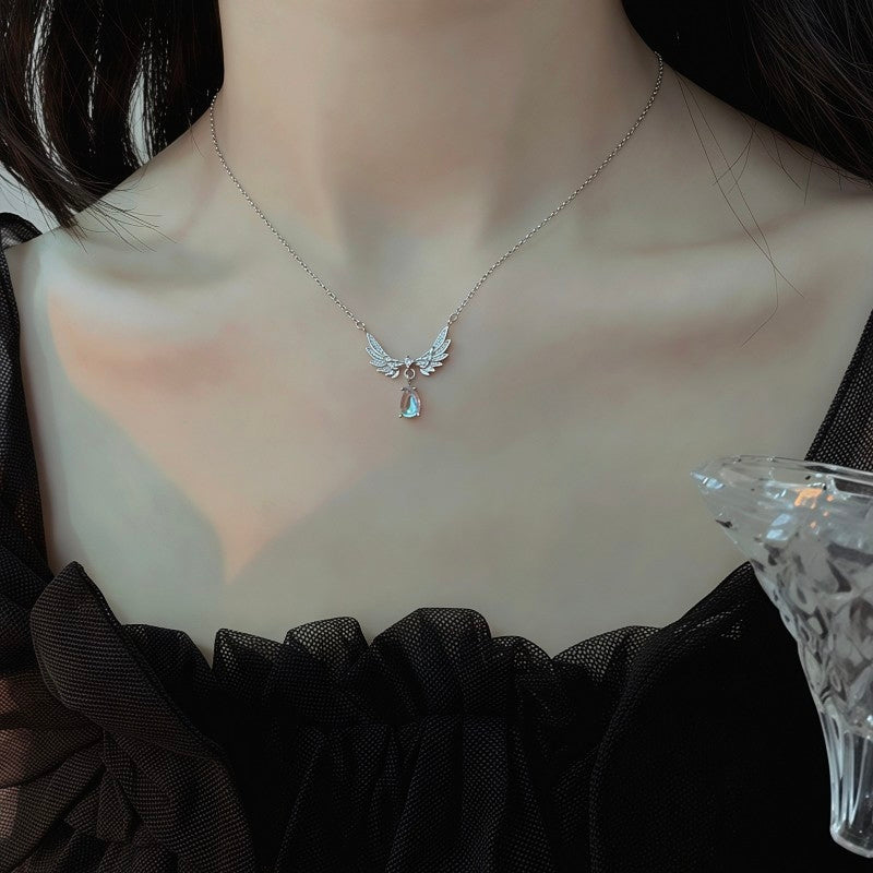 ⁠Elysian Dainty Crystal Guardian Angel Wings Necklace - Silver Fairycore Pendant Gift⁠