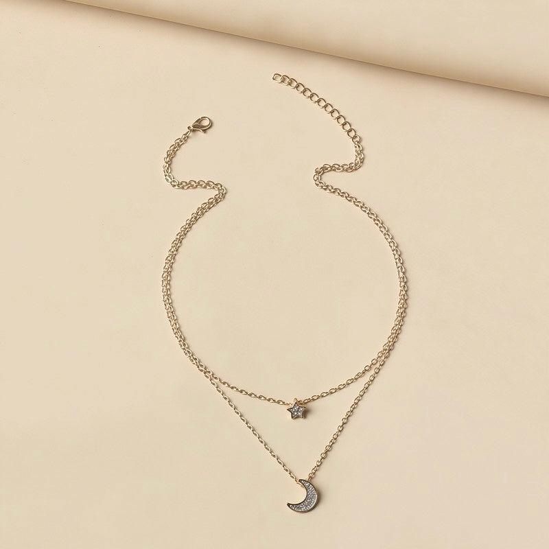 Classic Pavé Crystal Star and Moon Layered Necklace - Gold & Silver Celestial Choker⁠