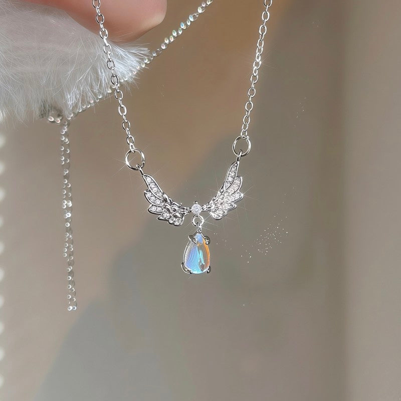 ⁠Elysian Dainty Crystal Guardian Angel Wings Necklace - Silver Fairycore Pendant Gift⁠