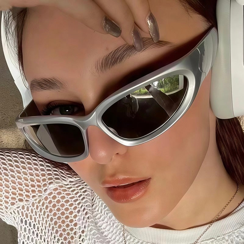 Aether Cyber Y2K Silver Wrap Around Sunglasses - Futuristic Rave Techno Shield Sunnies⁠
