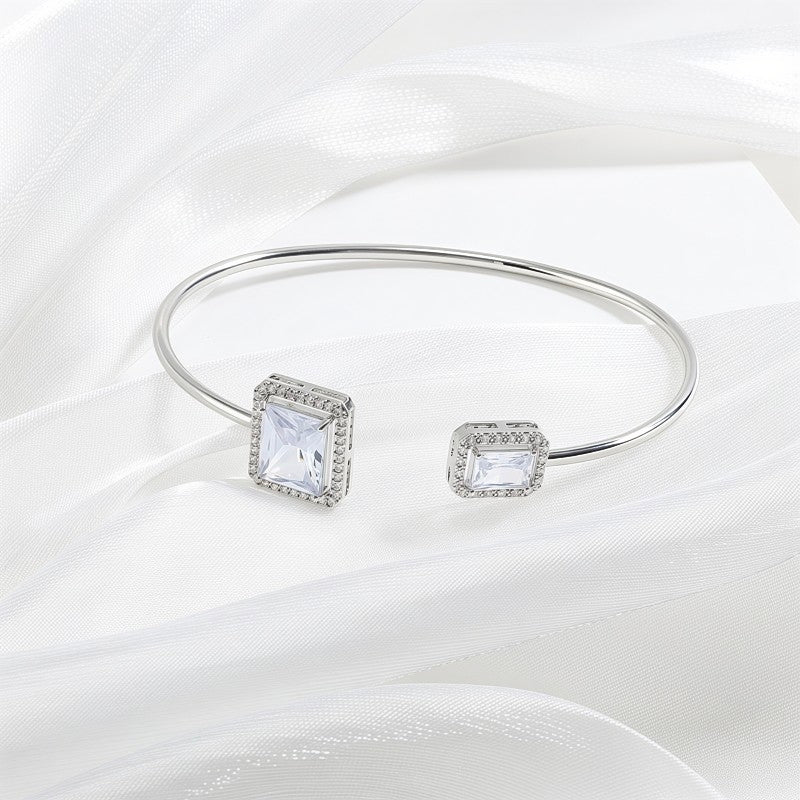 Silver Emerald Cut Cuff Bangle • Dainty Open Square Bracelet • Minimalist Stacking Wire Jewelry • Woman Bracelet • Birthday Gift for Her • Elegant Crystal Cuff