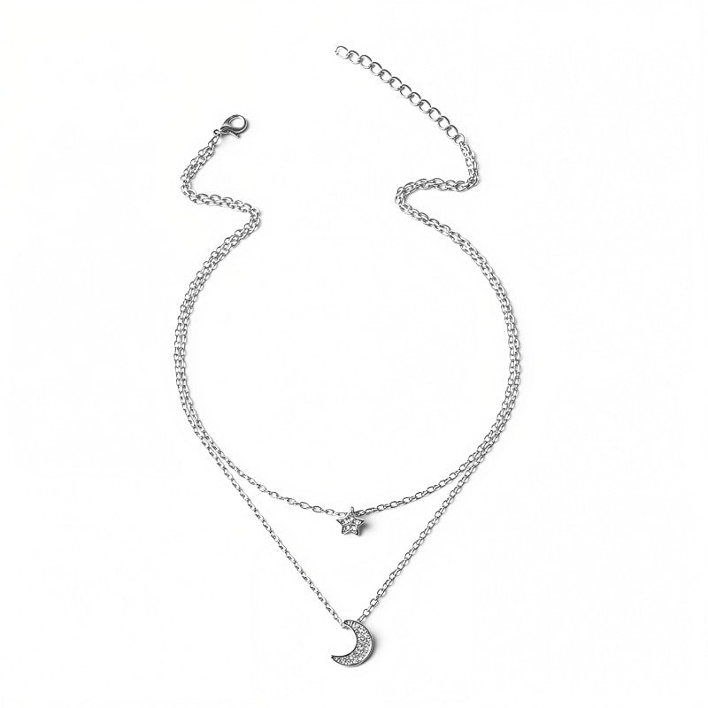 Classic Pavé Crystal Star and Moon Layered Necklace - Gold & Silver Celestial Choker⁠