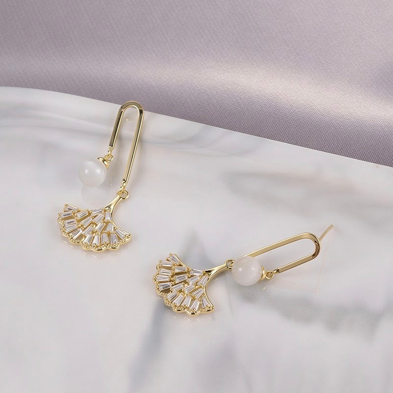 Gold Ginkgo Leaf Drop Earrings • Elegant Opal Statement Dainty Studs • Dangle Fan Ribbon Jewelry • Anniversary Gift for Her • Unique Wedding Earring
