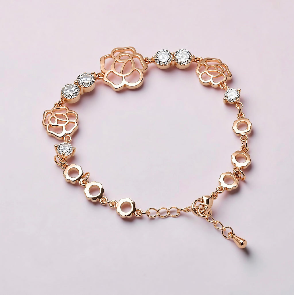 Elegant Rose Gold Hollow Rose Flower Bracelet • Dainty Crystal Floral Charm Bracelets for Women • Gift Idea