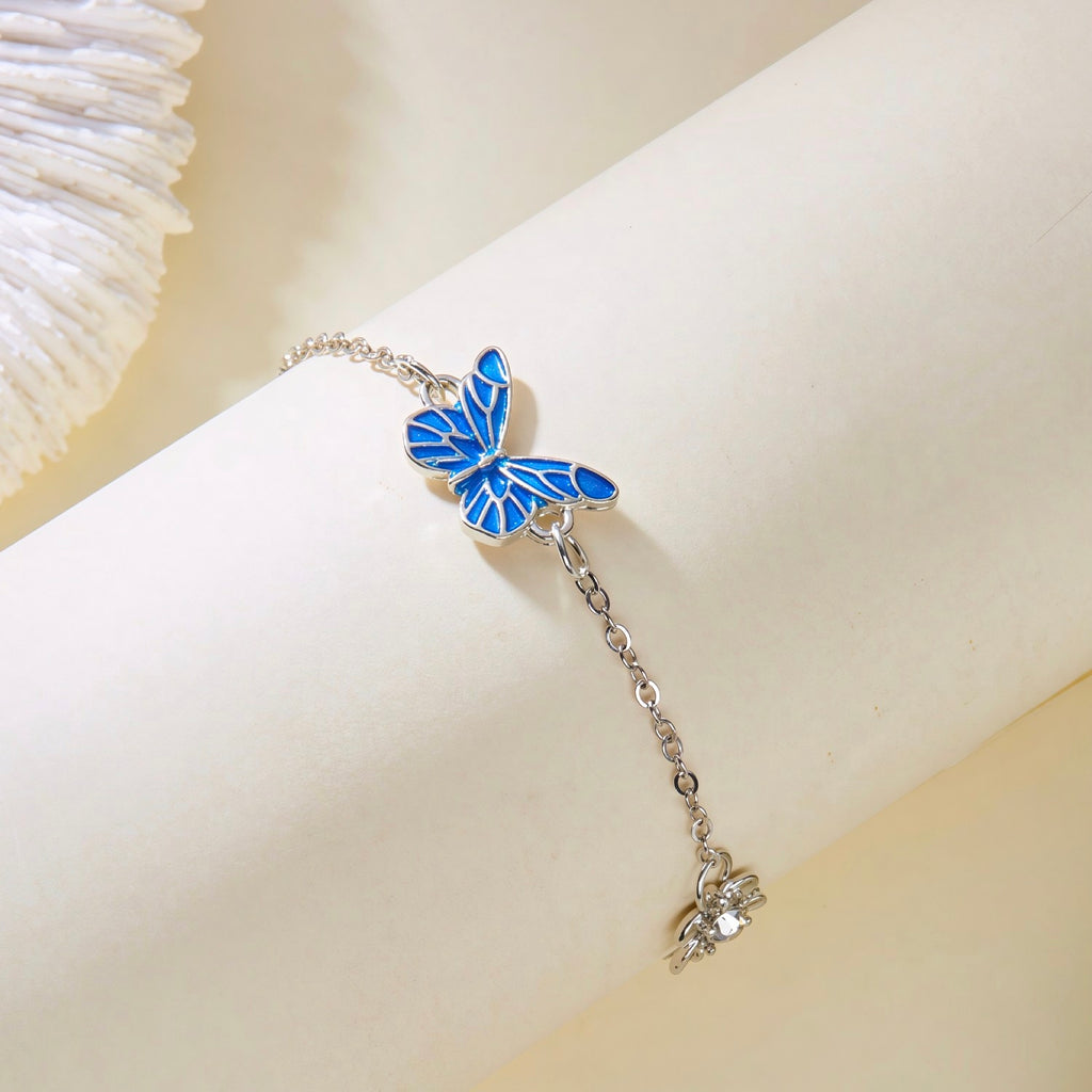 Dainty Blue Enamel Butterfly Charm Bracelet | Minimalist Silver Link Chain⁠