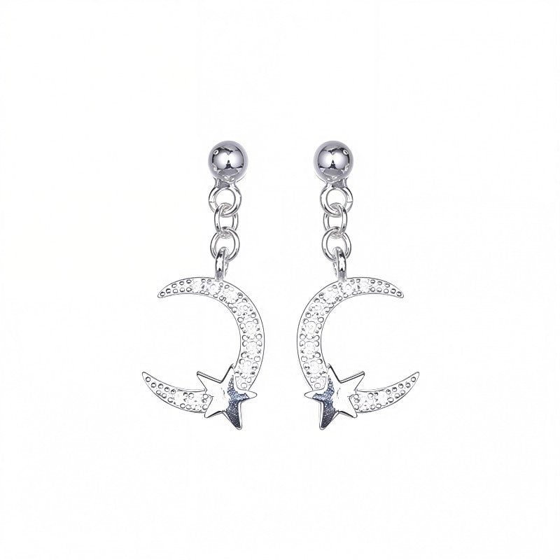 Dainty Silver Crescent Moon and Star Drop Earrings | Celestial Sparkle Studs