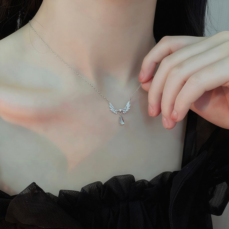 ⁠Elysian Dainty Crystal Guardian Angel Wings Necklace - Silver Fairycore Pendant Gift⁠