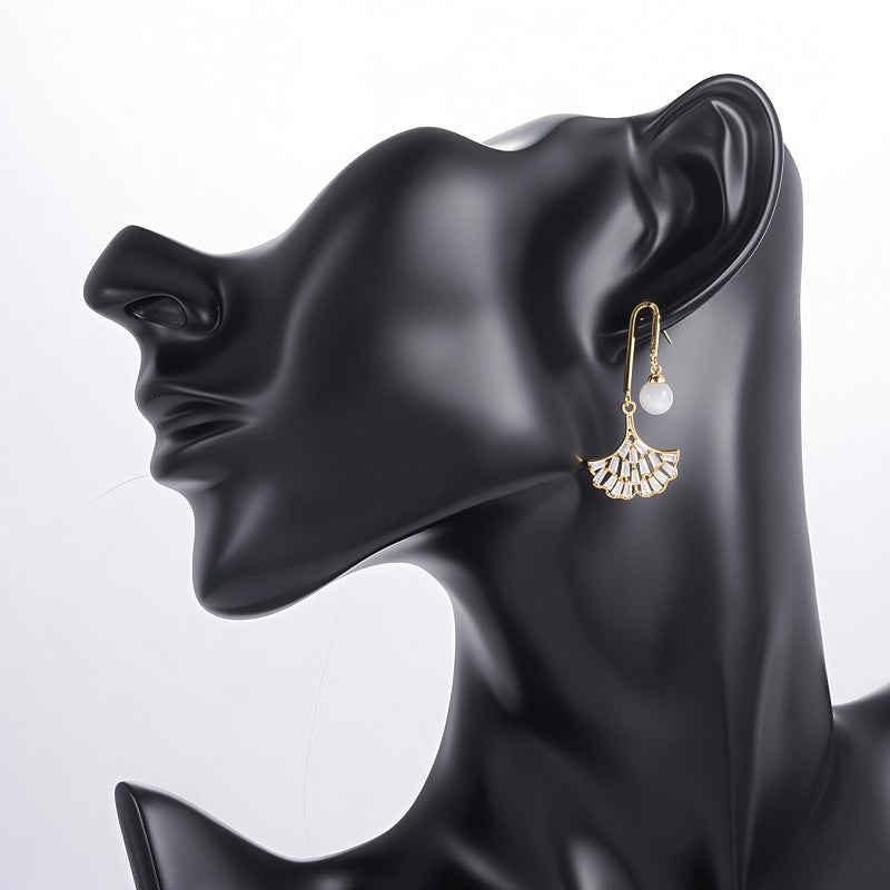 Gold Ginkgo Leaf Drop Earrings • Elegant Opal Statement Dainty Studs • Dangle Fan Ribbon Jewelry • Anniversary Gift for Her • Unique Wedding Earring