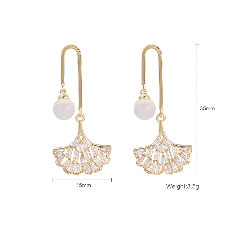 Gold Ginkgo Leaf Drop Earrings • Elegant Opal Statement Dainty Studs • Dangle Fan Ribbon Jewelry • Anniversary Gift for Her • Unique Wedding Earring