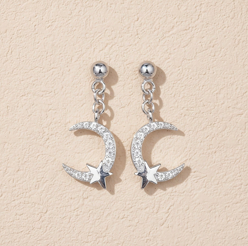 Dainty Silver Crescent Moon and Star Drop Earrings | Celestial Sparkle Studs