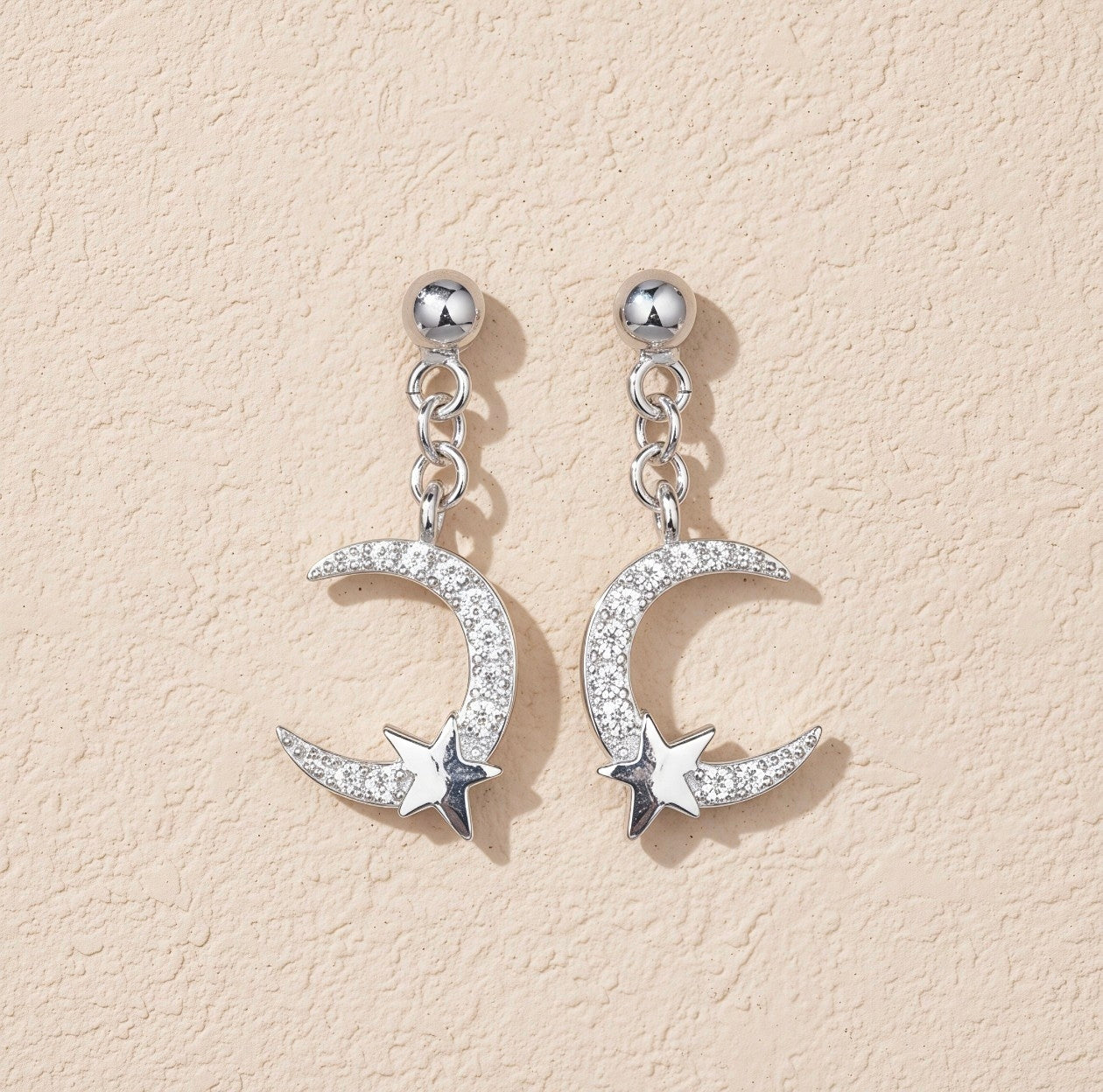 Dainty Silver Crescent Moon and Star Drop Earrings | Celestial Sparkle Studs