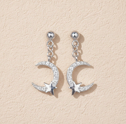 Dainty Silver Crescent Moon and Star Drop Earrings | Celestial Sparkle Studs