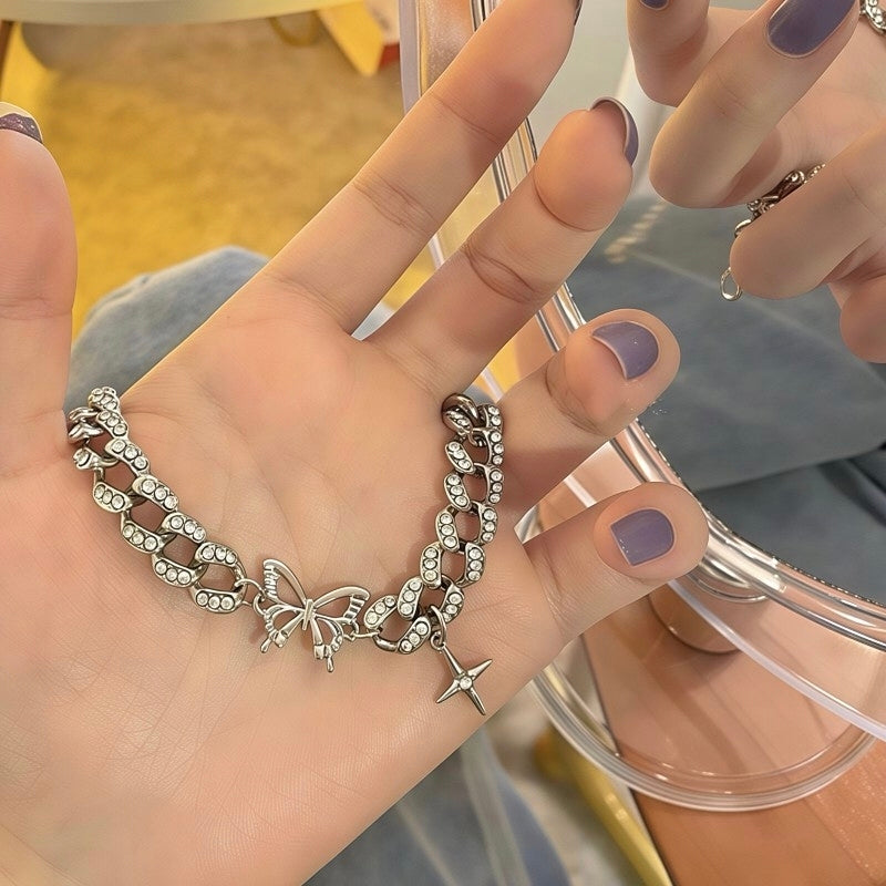 Y2K Iced Out Butterfly Star Charm Bracelet | Cyber Grunge Silver Cuban Link Chain⁠