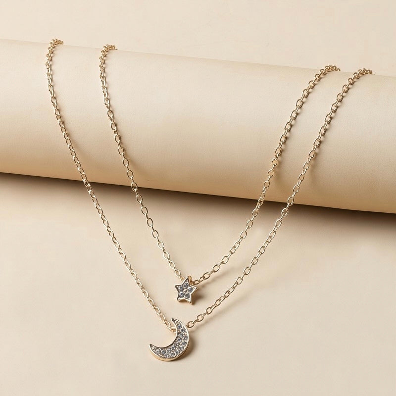 Classic Pavé Crystal Star and Moon Layered Necklace - Gold & Silver Celestial Choker⁠