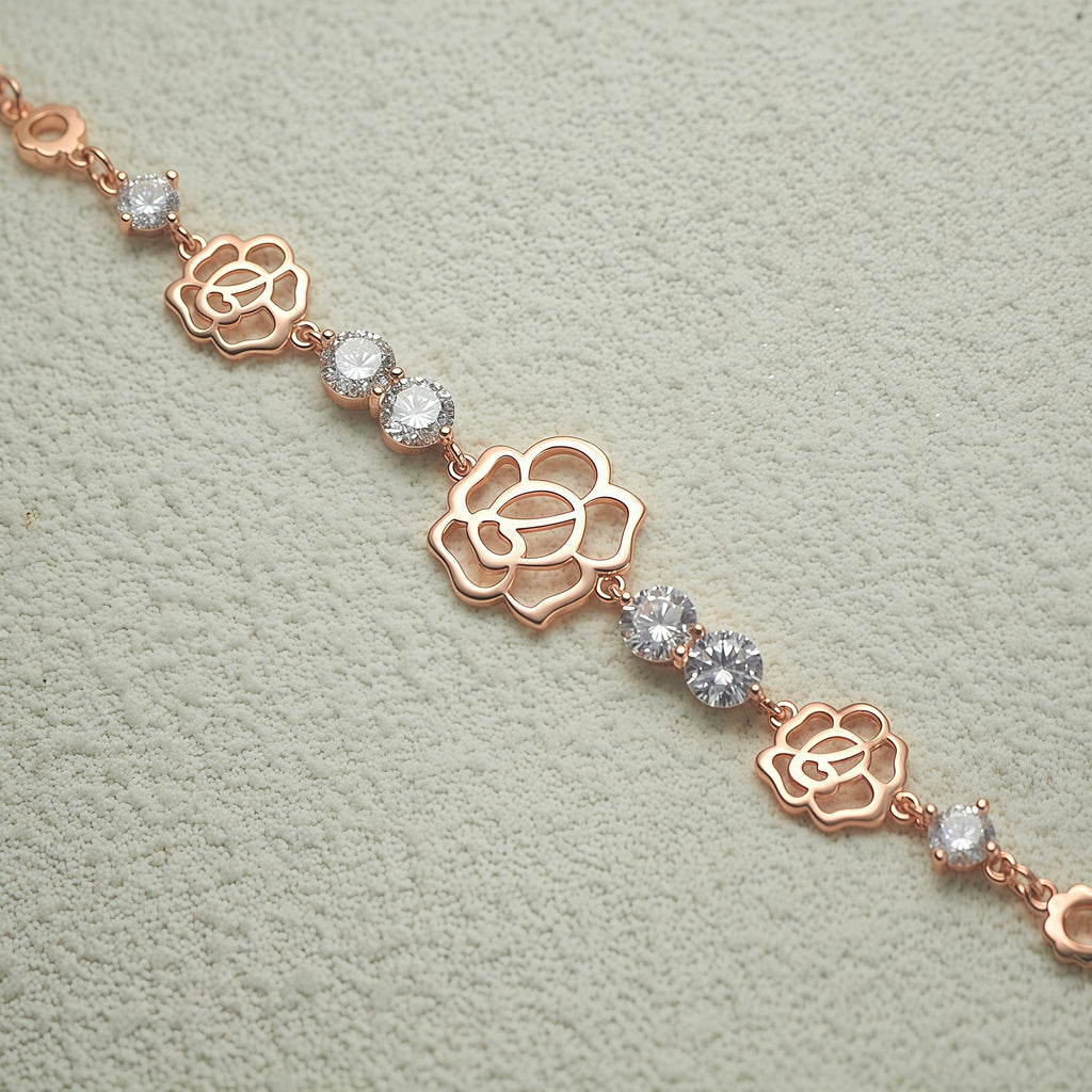 Elegant Rose Gold Hollow Rose Flower Bracelet • Dainty Crystal Floral Charm Bracelets for Women • Gift Idea