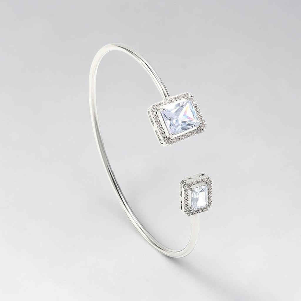 Silver Emerald Cut Cuff Bangle • Dainty Open Square Bracelet • Minimalist Stacking Wire Jewelry • Woman Bracelet • Birthday Gift for Her • Elegant Crystal Cuff