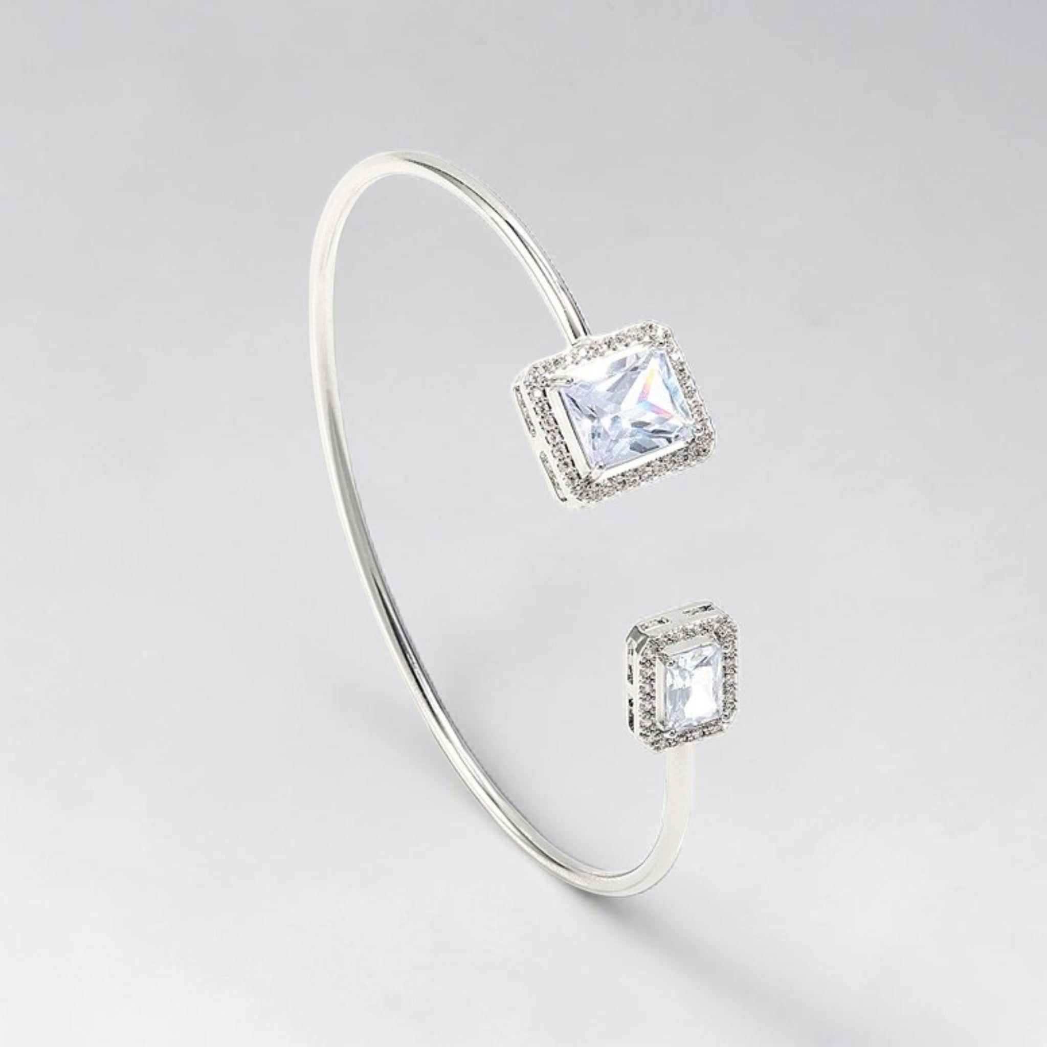Silver Emerald Cut Cuff Bangle • Dainty Open Square Bracelet • Minimalist Stacking Wire Jewelry • Woman Bracelet • Birthday Gift for Her • Elegant Crystal Cuff