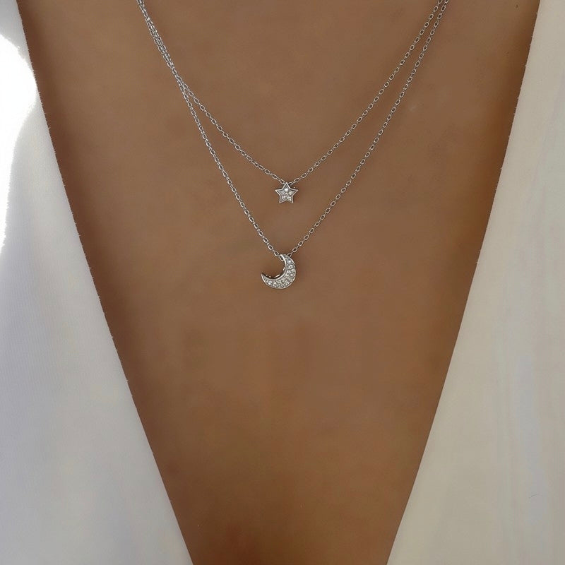 Classic Pavé Crystal Star and Moon Layered Necklace - Gold & Silver Celestial Choker⁠
