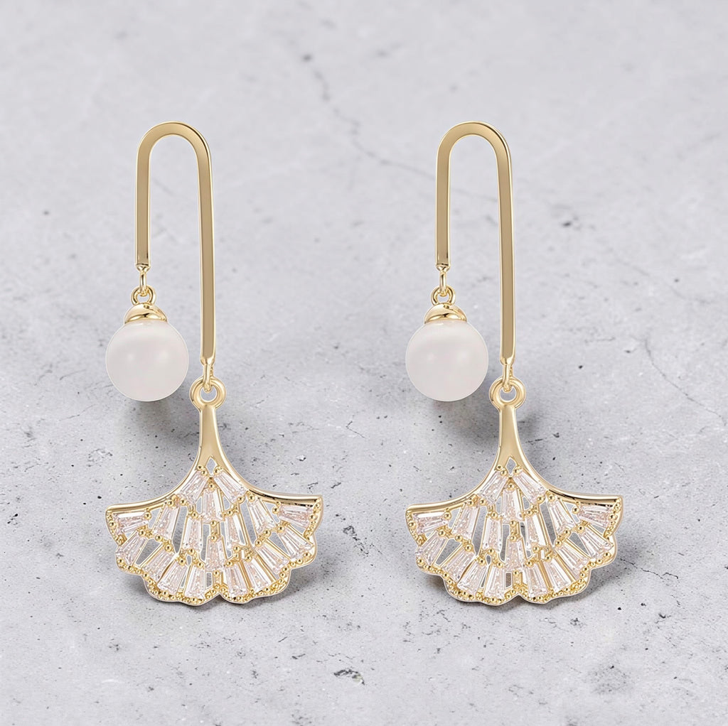 Gold Ginkgo Leaf Drop Earrings • Elegant Opal Statement Dainty Studs • Dangle Fan Ribbon Jewelry • Anniversary Gift for Her • Unique Wedding Earring