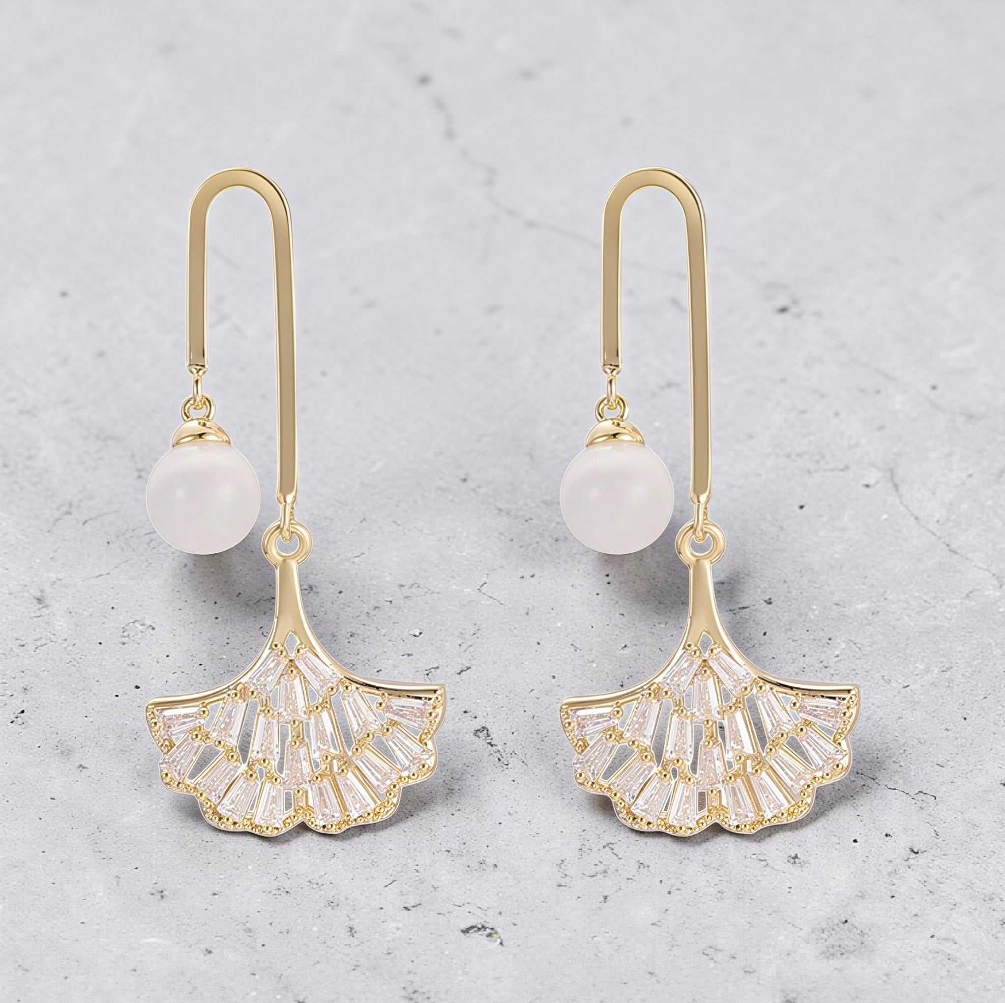 Gold Ginkgo Leaf Drop Earrings • Elegant Opal Statement Dainty Studs • Dangle Fan Ribbon Jewelry • Anniversary Gift for Her • Unique Wedding Earring