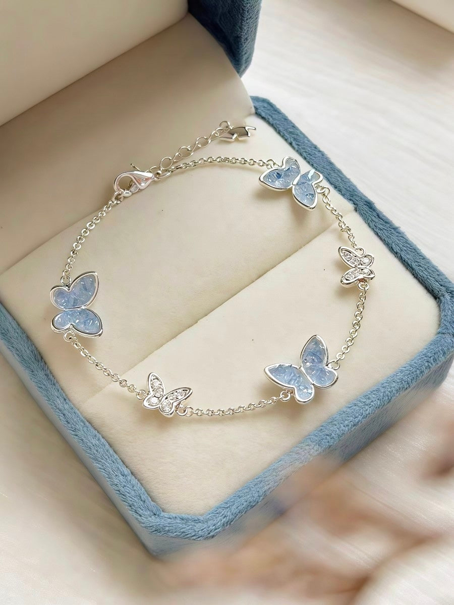 Dainty Blue Crystal Butterfly Necklace Bracelet Earrings | Fairycore Jewelry Set Gift⁠