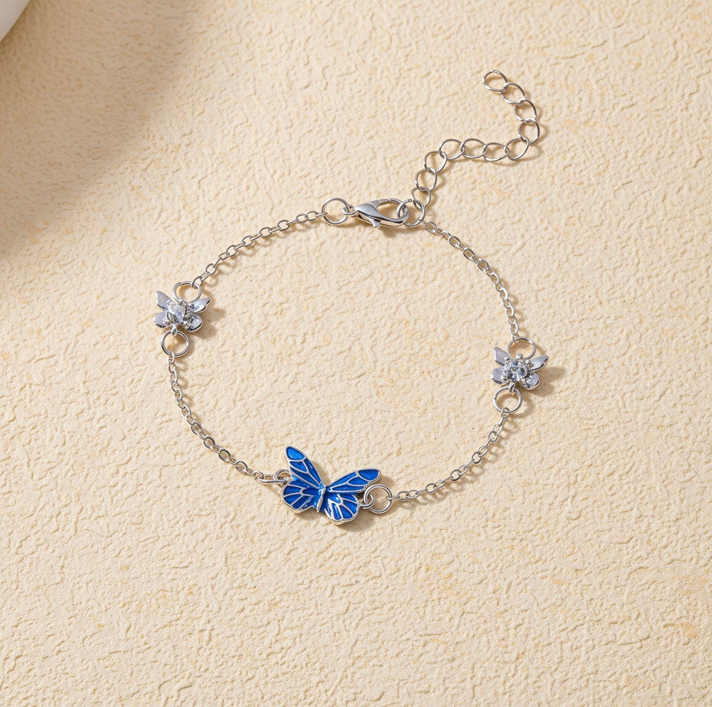 Dainty Blue Enamel Butterfly Charm Bracelet | Minimalist Silver Link Chain⁠