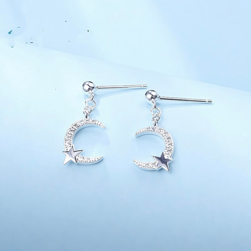 Dainty Silver Crescent Moon and Star Drop Earrings | Celestial Sparkle Studs