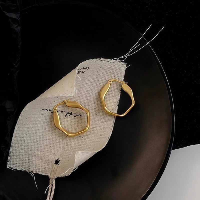 Minimalist Matte Gold Hexagon Hoop Earrings | Geometric Textured Wavy Hoops⁠