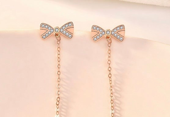 Sterling Silver Bowknot Tassel Earrings • Dainty Bow Drop Studs • Cute Asymmetric Fringe Jewelry • Gift for Her • Minimalist Ribbon Earring