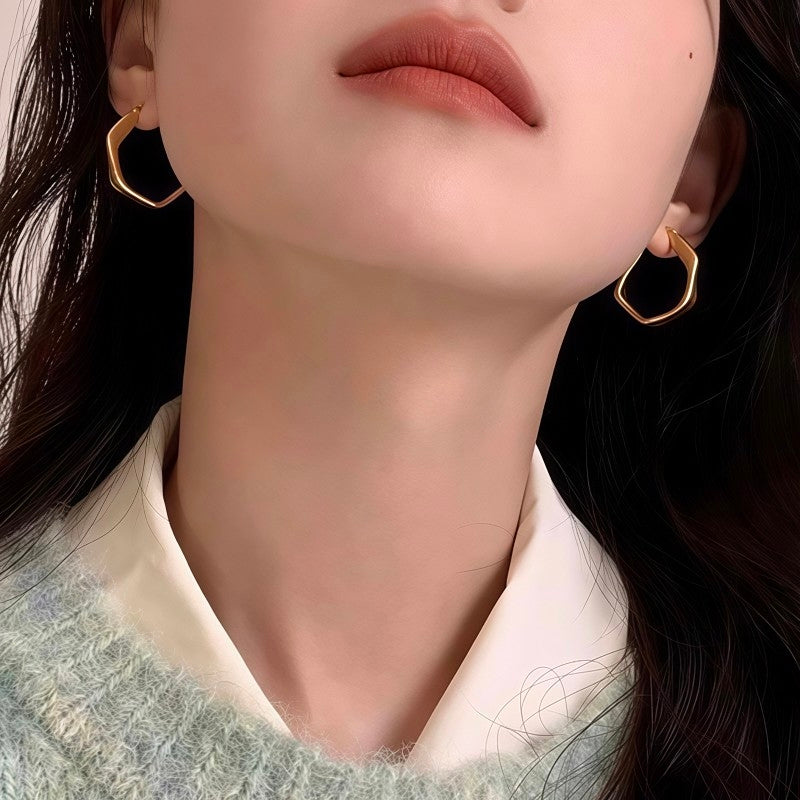 Minimalist Matte Gold Hexagon Hoop Earrings | Geometric Textured Wavy Hoops⁠
