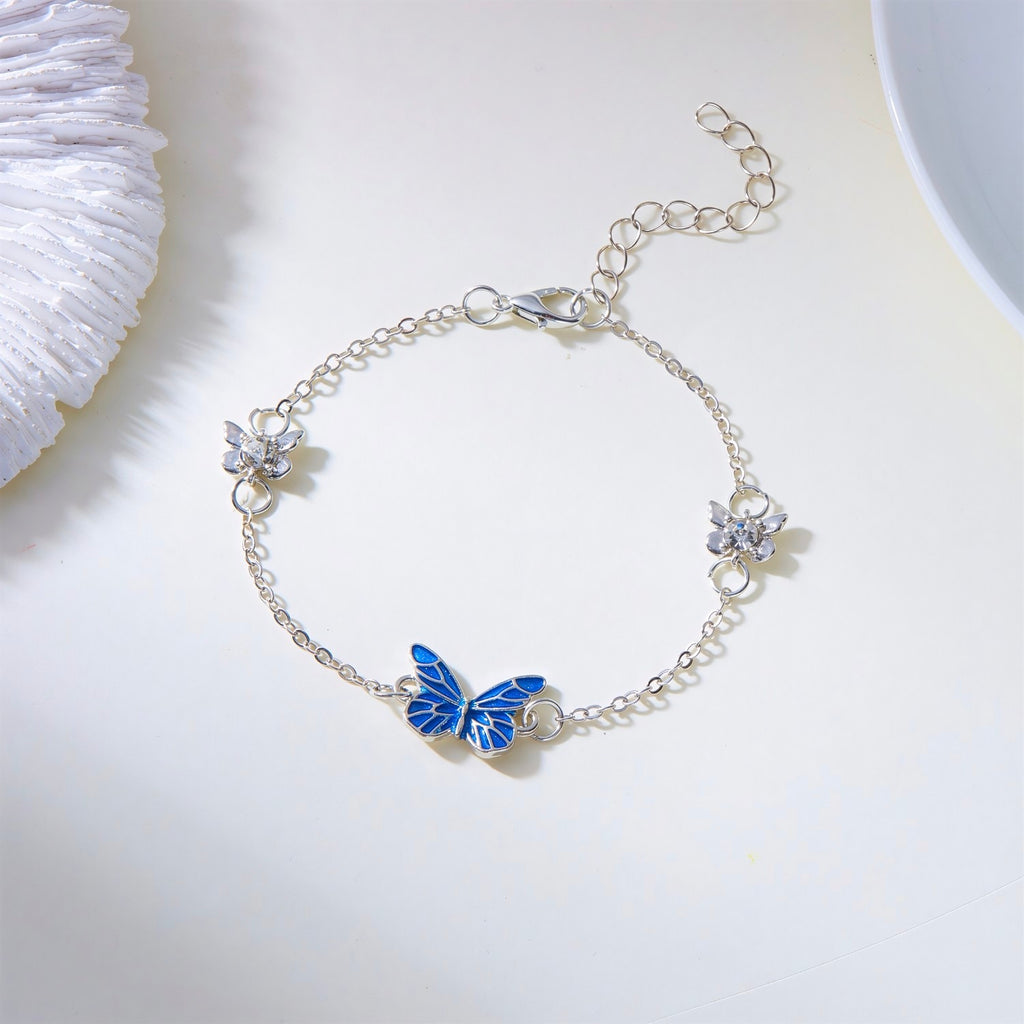 Dainty Blue Enamel Butterfly Charm Bracelet | Minimalist Silver Link Chain⁠