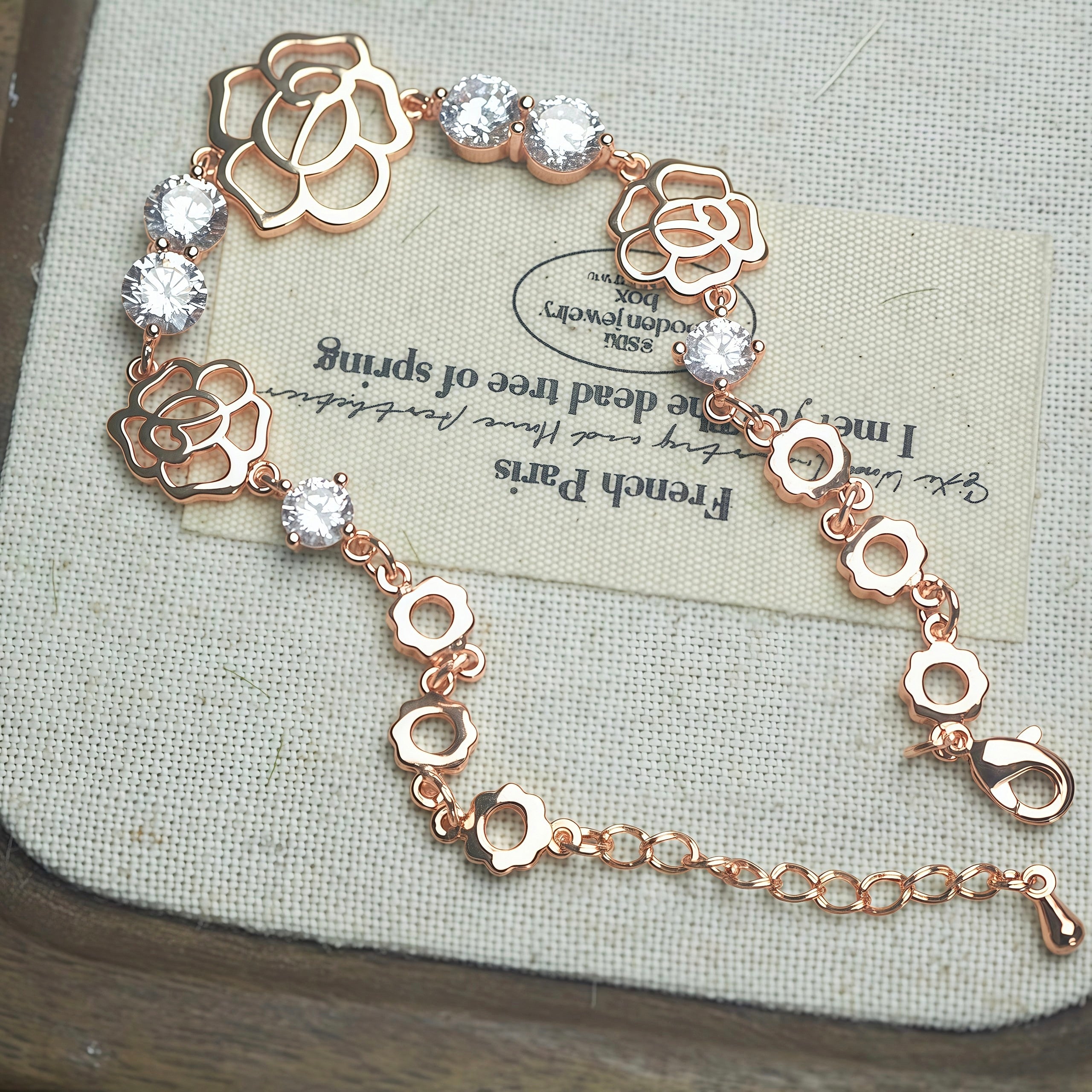 Elegant Rose Gold Hollow Rose Flower Bracelet • Dainty Crystal Floral Charm Bracelets for Women • Gift Idea