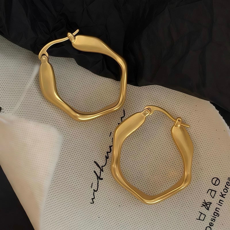 Minimalist Matte Gold Hexagon Hoop Earrings | Geometric Textured Wavy Hoops⁠