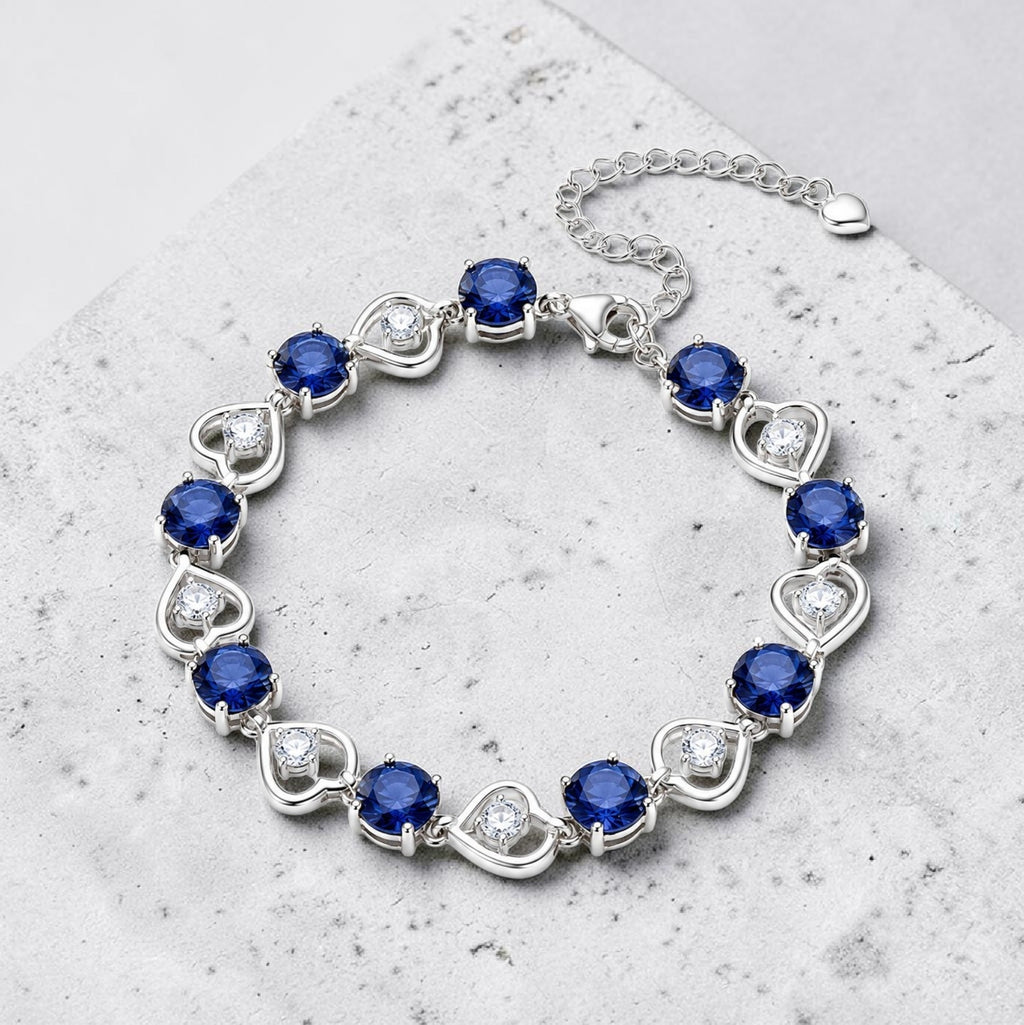 Royal Blue Sapphire Crystal Heart Bracelet • Elegant Silver Love Charm Link Chain for Women • Gift Idea •  Gift for girl