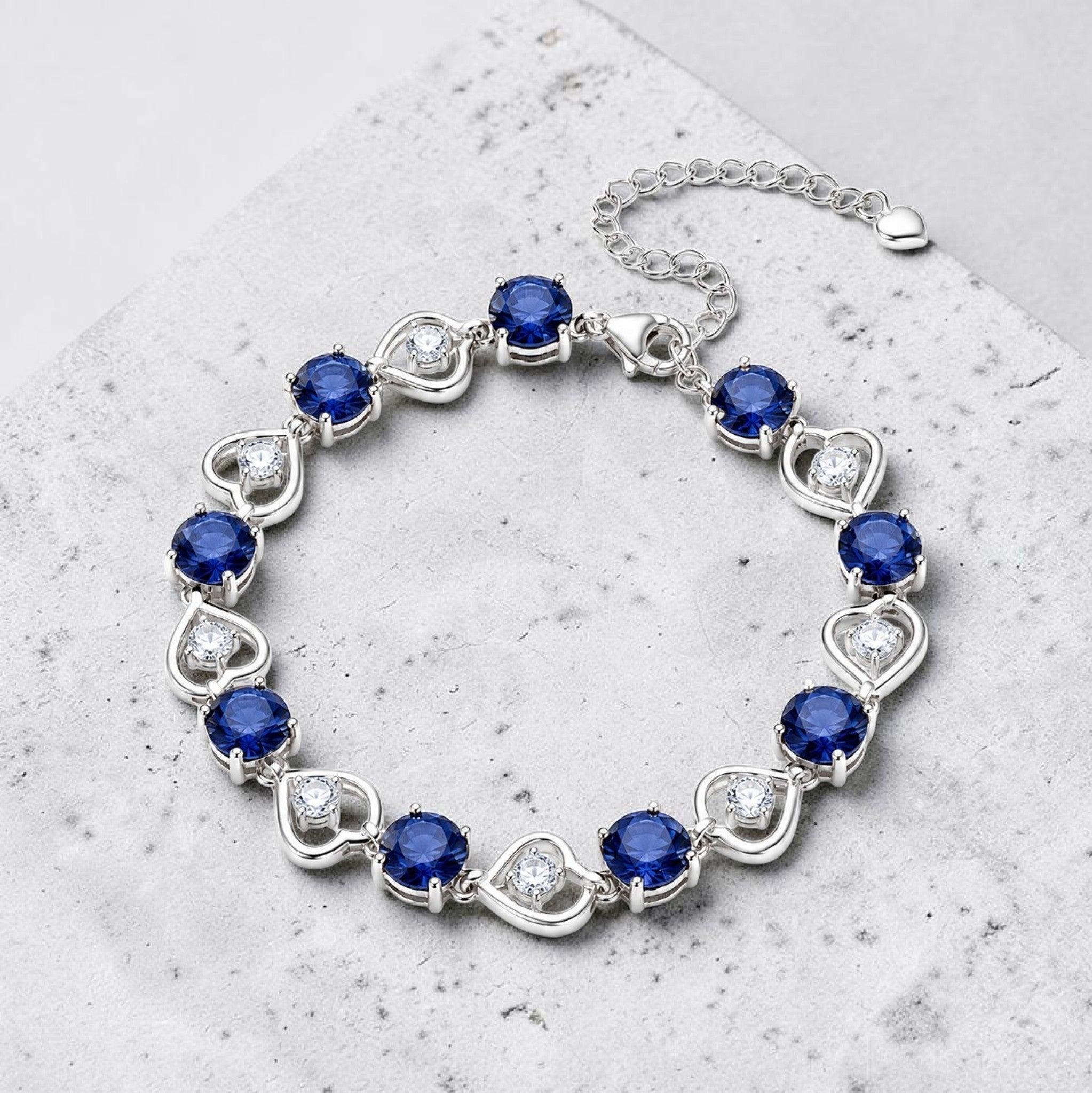 Royal Blue Sapphire Crystal Heart Bracelet • Elegant Silver Love Charm Link Chain for Women • Gift Idea •  Gift for girl