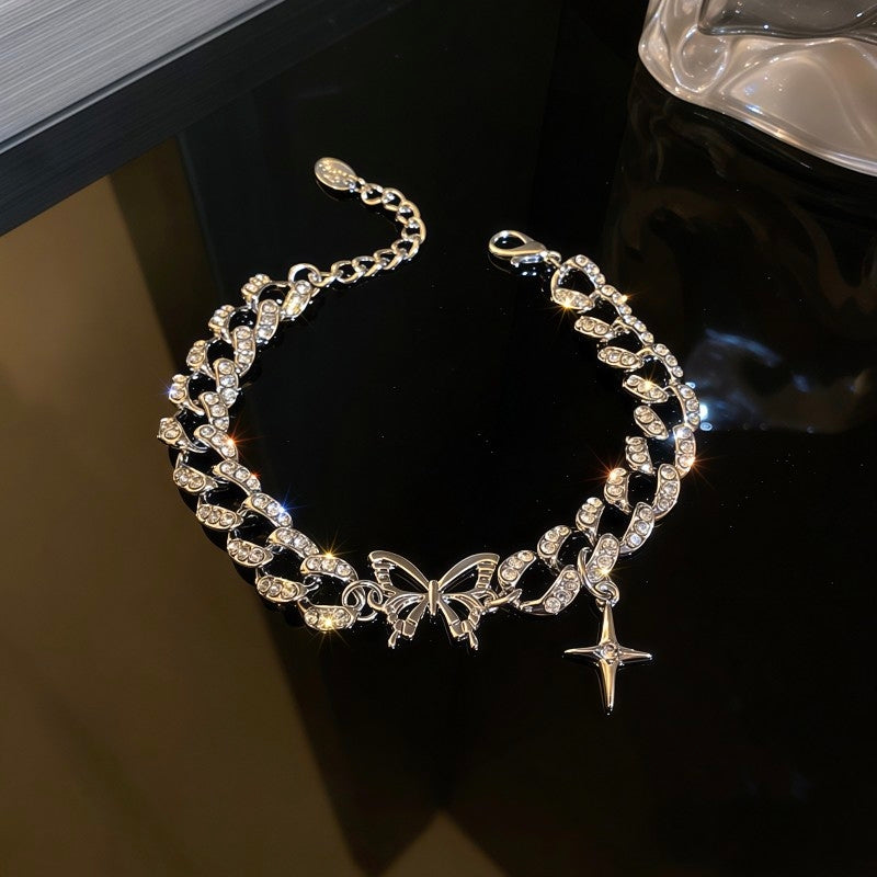 Y2K Iced Out Butterfly Star Charm Bracelet | Cyber Grunge Silver Cuban Link Chain⁠