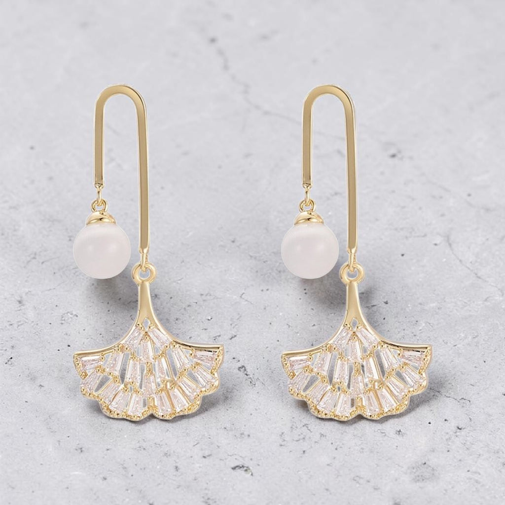 Gold Ginkgo Leaf Drop Earrings • Elegant Opal Statement Dainty Studs • Dangle Fan Ribbon Jewelry • Anniversary Gift for Her • Unique Wedding Earring