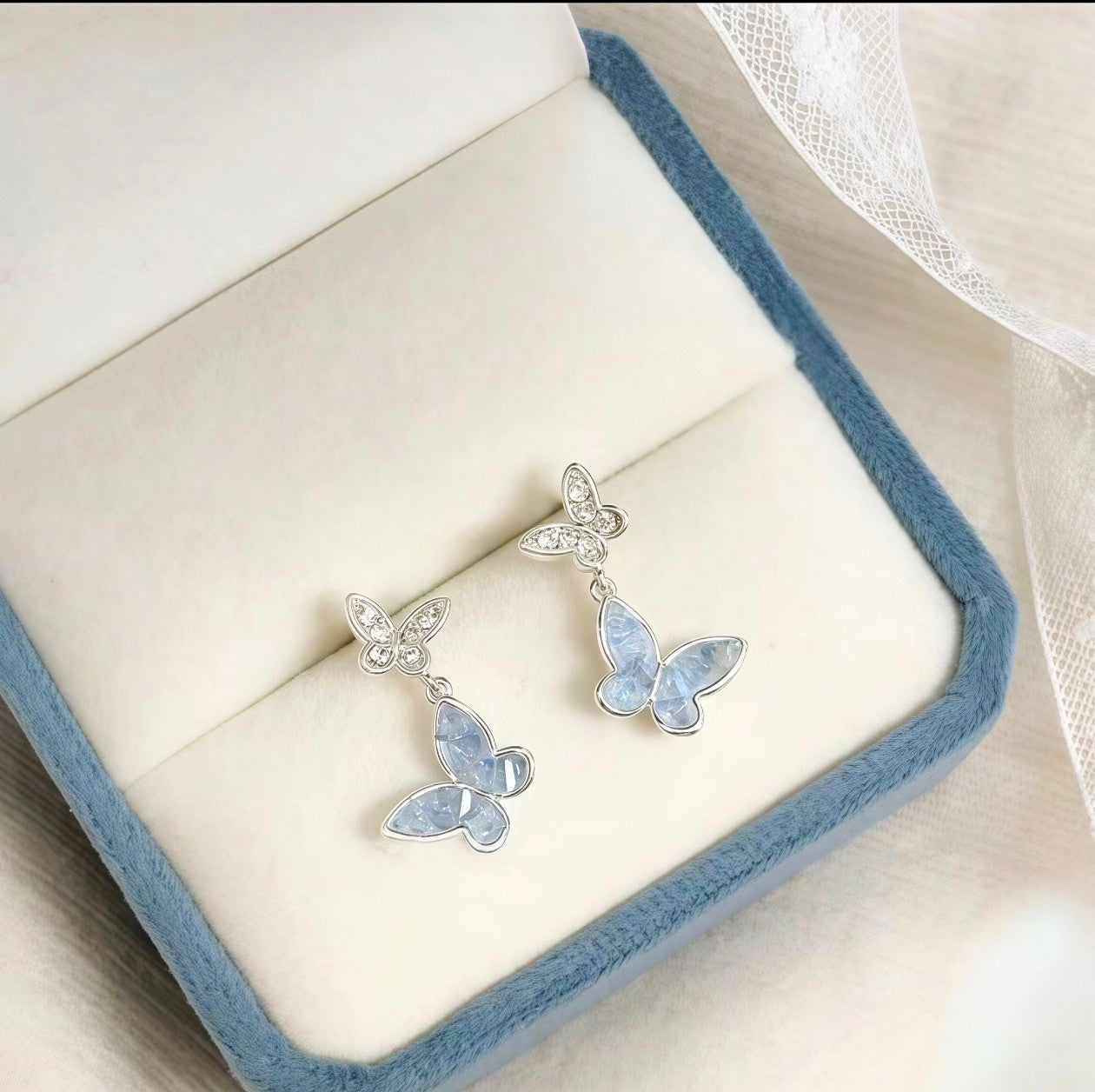 Dainty Blue Crystal Butterfly Necklace Bracelet Earrings | Fairycore Jewelry Set Gift⁠