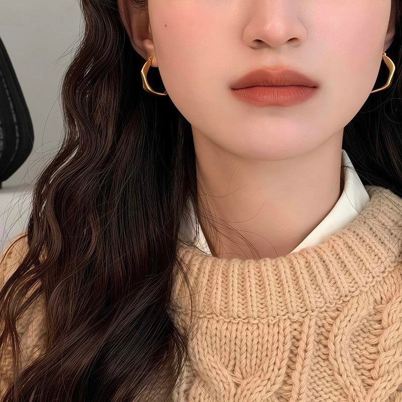 Minimalist Matte Gold Hexagon Hoop Earrings | Geometric Textured Wavy Hoops⁠