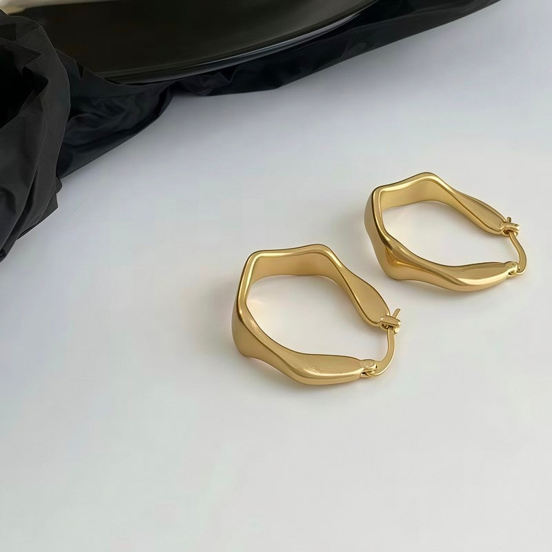 Minimalist Matte Gold Hexagon Hoop Earrings | Geometric Textured Wavy Hoops⁠