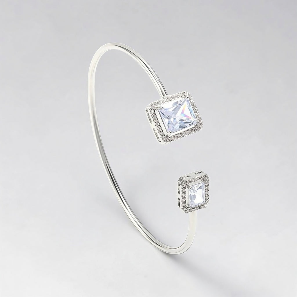 Silver Emerald Cut Cuff Bangle • Dainty Open Square Bracelet • Minimalist Stacking Wire Jewelry • Woman Bracelet • Birthday Gift for Her • Elegant Crystal Cuff